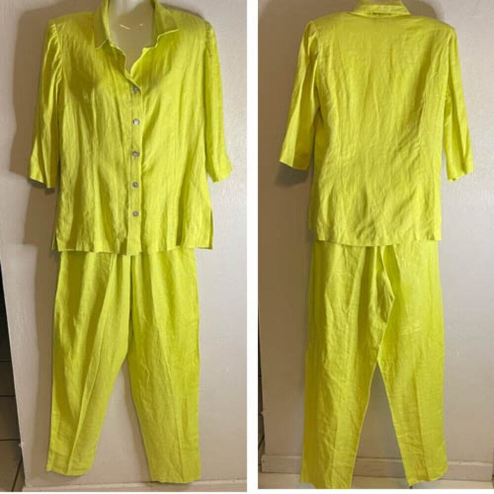 SAB Collections lime green 100% linen button down shirt and pants Size 7-8